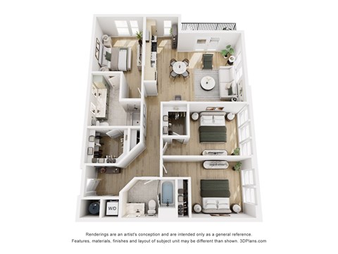 Floor plan for 3 beds, 2 baths, 1309 sqft